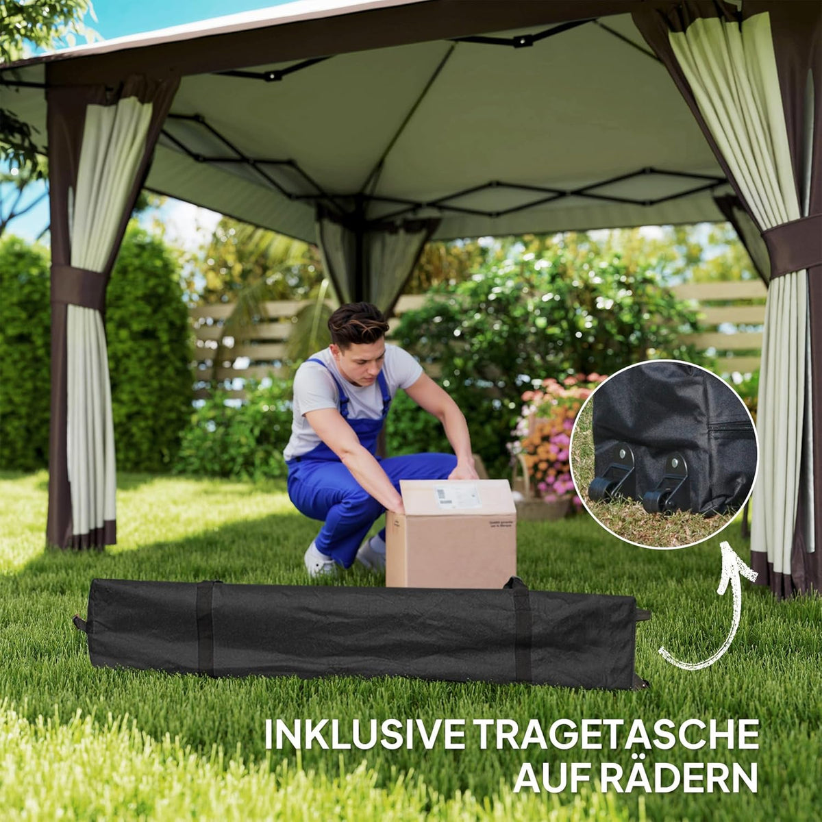 Outsunny Pavillon 4x4m Wasserdicht Höhenverstellbar Pop-up Faltpavillon mit Netzwänden UV 50+ Faltbar Partyzelt Gartenzelt mit Tragetasche Sandsäcke Gartenpavillon für Camping Garten Festival, Beige - QUORE