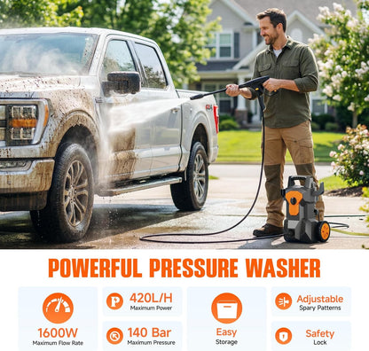 Hogedrukreiniger, koud water, voor buiten, huis en auto, debiet 420 l/u, stroomverbruik 1600 W