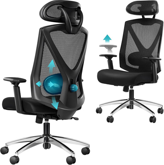 Hzuaneri Ergonomic Office Chair, Computer Chair, Swivel Chair, with Adjustable Lumbar Support, Headrest and Armrests, Back Protection, Maximum Load Capacity 150 kg, Black ON00299B