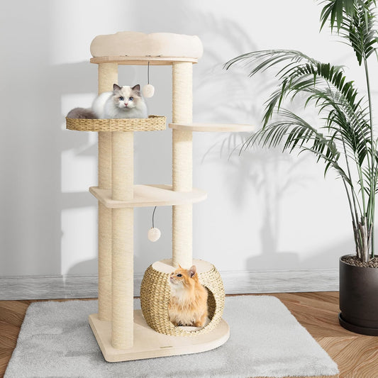 Kattenklimtoren – Kattenboom – Krabpaal – Kattenmeubel – Klimpaal – 134,5 cm Hoog – Natuurlijke Sisal Krabpalen – Handgeweven Mandje