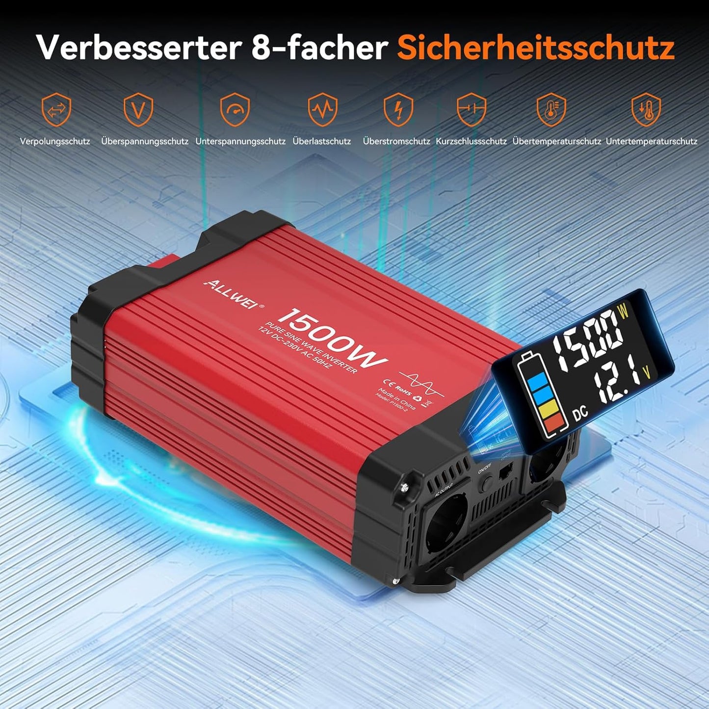 ALLWEI 1500 W zuivere sinus omvormer, 12 V naar 230 V, spanningsomvormer voor thuis, camper, vrachtwagen, netonafhankelijke zonne-installaties, omvormer, inverter 12 V 220 V, piekvermogen 3000 W