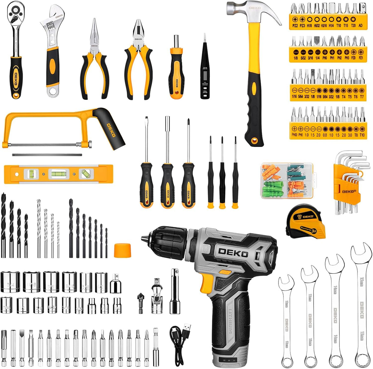 Tool Kit Box Boor Set: DEKO Home Mechanic Toolbox met 12V Power Draadloze Boor Hand Reparatie Gereedschap Sets Combo Kits Opslag Organizer Lade Case voor Mannen