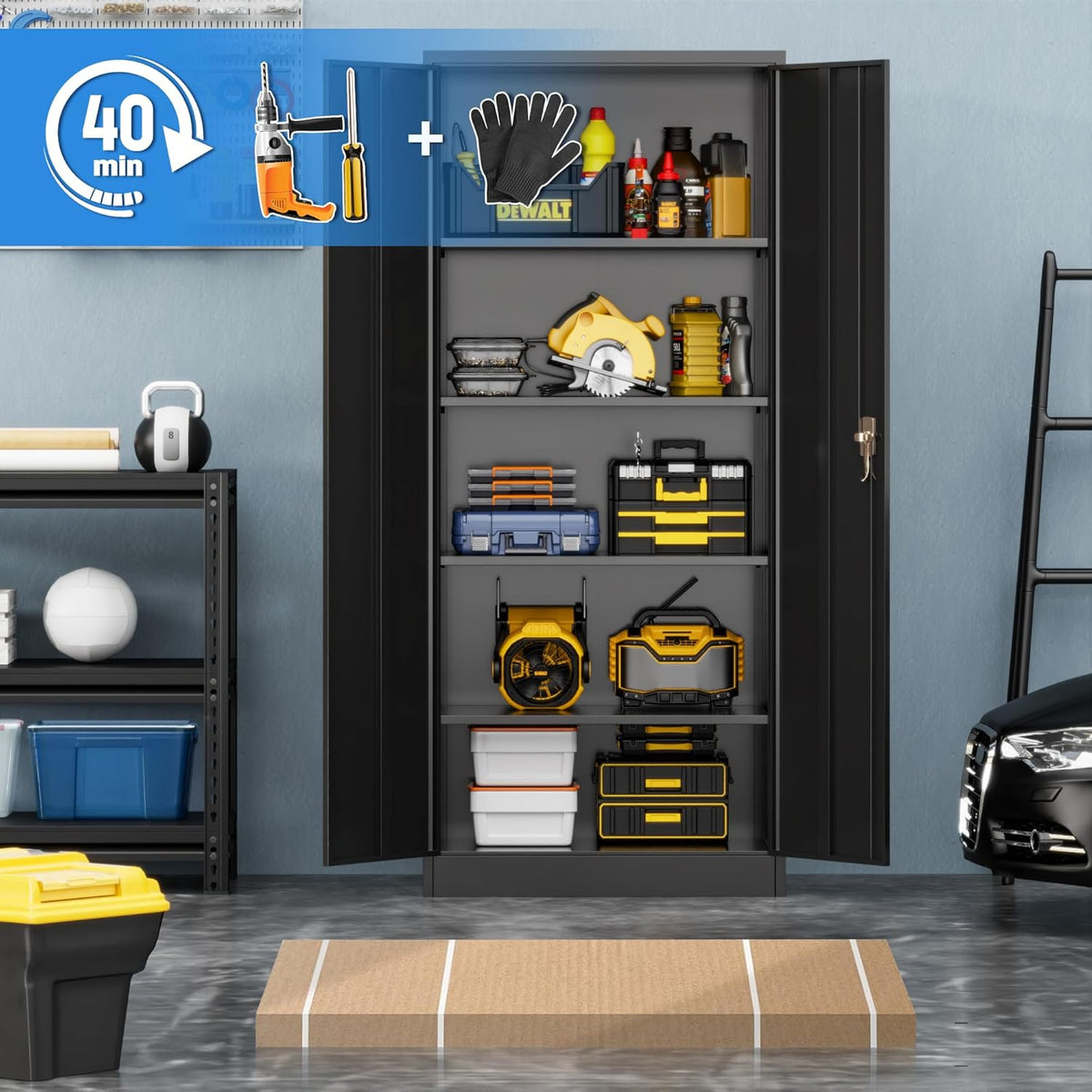 Archiefkast, metalen kast met 4 in hoogte verstelbare planken, staalplaat met poedercoating, stalen kast voor gereedschap, Garage 180 x 80 x 40 cm (zwart)
