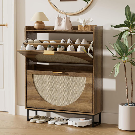 Schoenenkast Smal, Schoenrek met 2 Kleppen, Schoenkipper met Verstelbaar, Schoenopslag Hout, Schoenenplank Schoencommode voor Entree, Woonkamer, Hal, 80x24x102 cm, Rattan