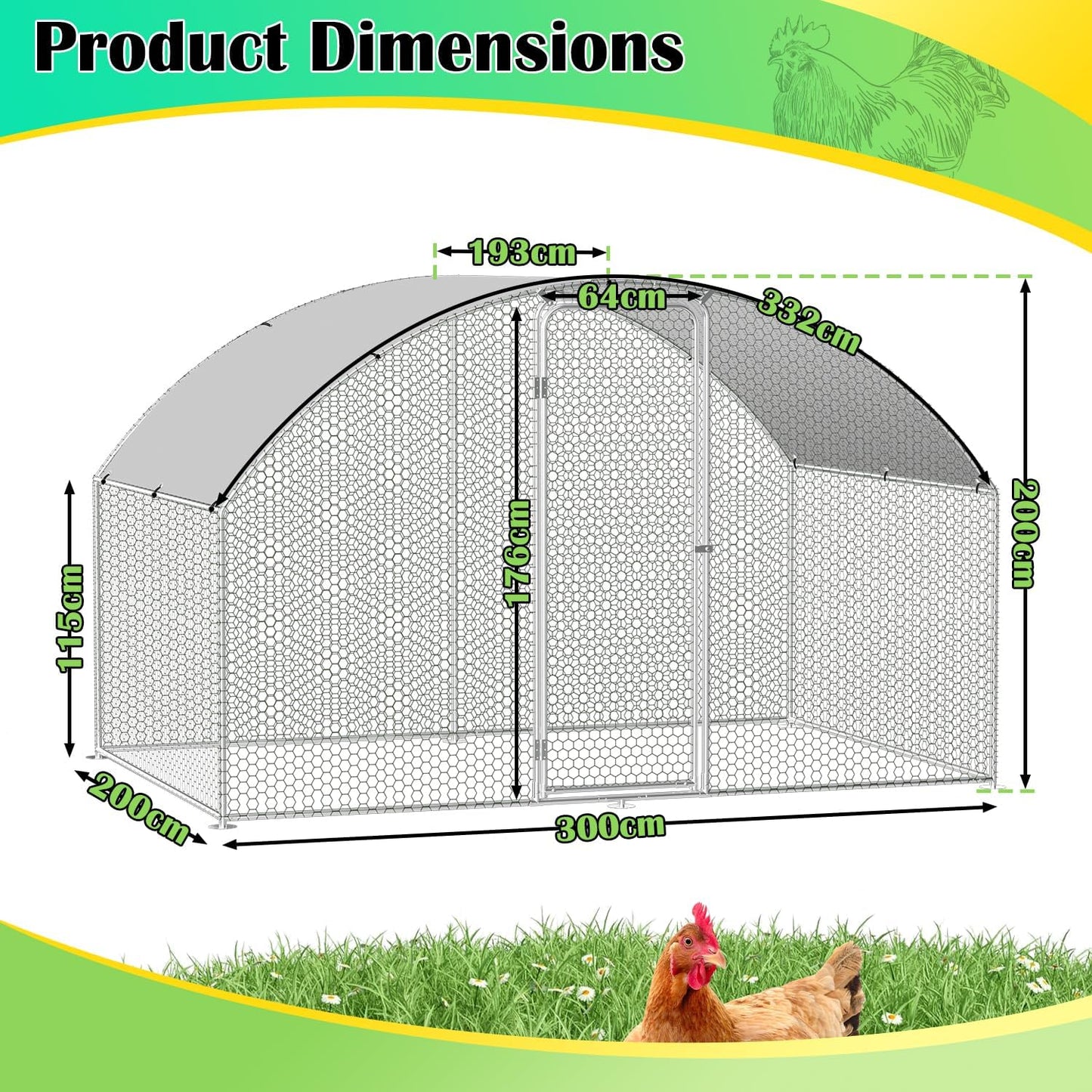 Chicken Coop Outdoor Run 3 x 2 x 2 m Chicken Coop Dome Roof Galvanised Steel Poultry Stable for Chickens, Rabbits, Geese and Pigeons and Quails, Metal Run with Net - QUORE