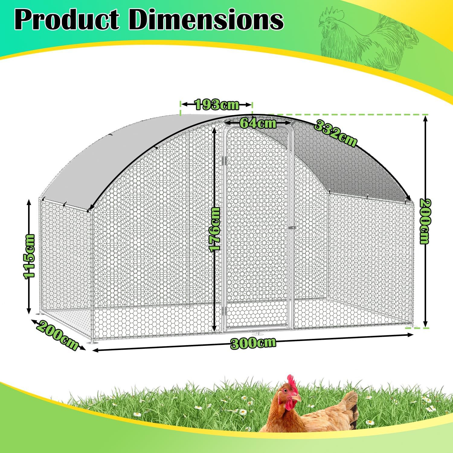 Chicken Coop Outdoor Run 3 x 2 x 2 m Chicken Coop Dome Roof Galvanised Steel Poultry Stable for Chickens, Rabbits, Geese and Pigeons and Quails, Metal Run with Net - QUORE
