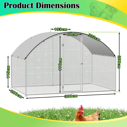 Chicken Coop Outdoor Run 3 x 2 x 2 m Chicken Coop Dome Roof Galvanised Steel Poultry Stable for Chickens, Rabbits, Geese and Pigeons and Quails, Metal Run with Net - QUORE