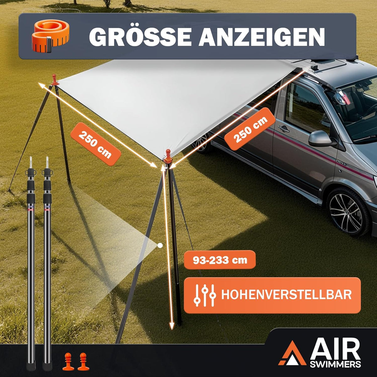 Zonnezeil met bies, luifel voor auto, V-w T5, camping, luifel, autoluifel, met kederrail (4-6 mm), T4, T6, waterdicht, anti-uv, tent stangen, zuignap