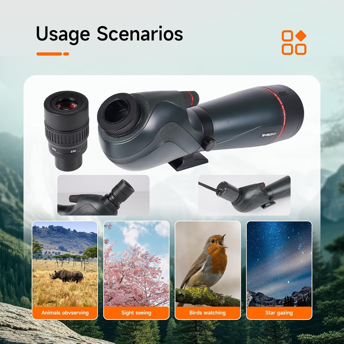 Svbony SV406 20-60x80mm Spotting Scope, HD FMC BAK4, Dubbele Focus, 1,25'' Verwijderbaar Oculair, IPX7 Waterdicht, met Statief, Draagtas, voor Vogels Kijken, Wildlife, Landschap
