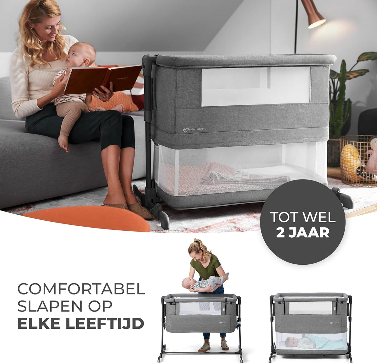 kk KinderKraft Kinderkraft NESTE GROW Baby Cot 3 in 1, Co Sleeper, Side Bed, Baby Cot from Birth to 2 Years, Height Adjustable, with Mattress Carry Bag, Soft Material, Grey - QUORE