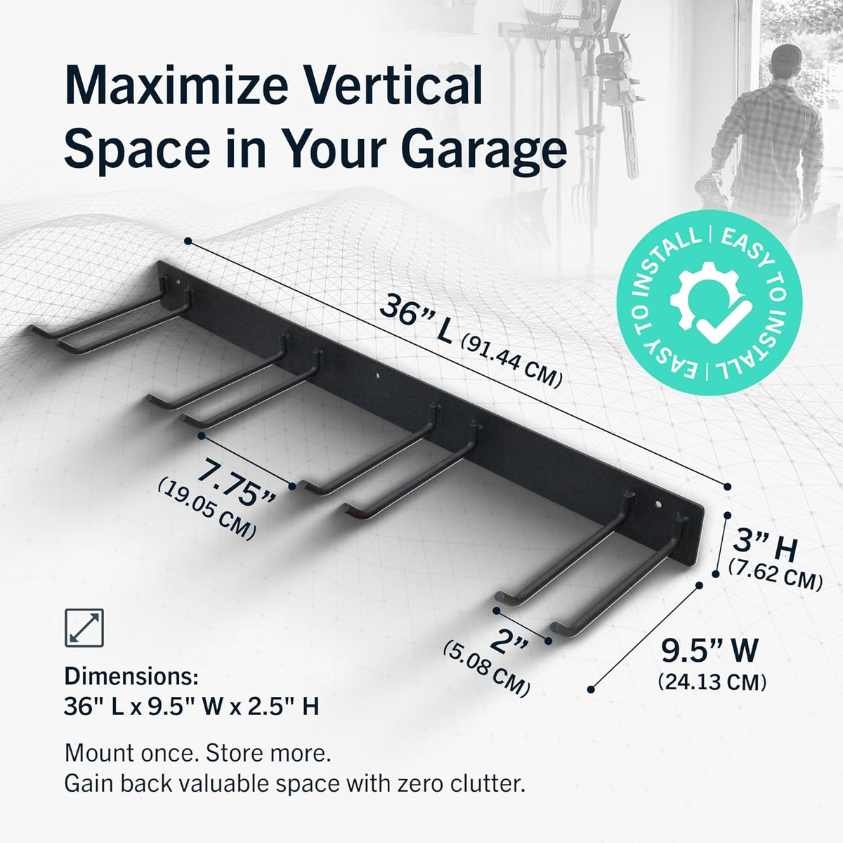 StoreYourBoard Wandrek met 4 garagehaken - zware stalen houder voor garage- en tuinopslag voor schuur, werkplaats of thuisorganisatie - voor harken, schoppen, gereedschap en meer - 2 stuks, zwart