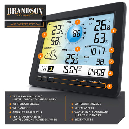 Brandson - Draadloos weerstation met 5-in-1 buitensensor – weergegevens via app – weersvoorspelling – binnen- en buitentemperatuur – windmeter en regensensor – windrichting – lcd-kleurenscherm