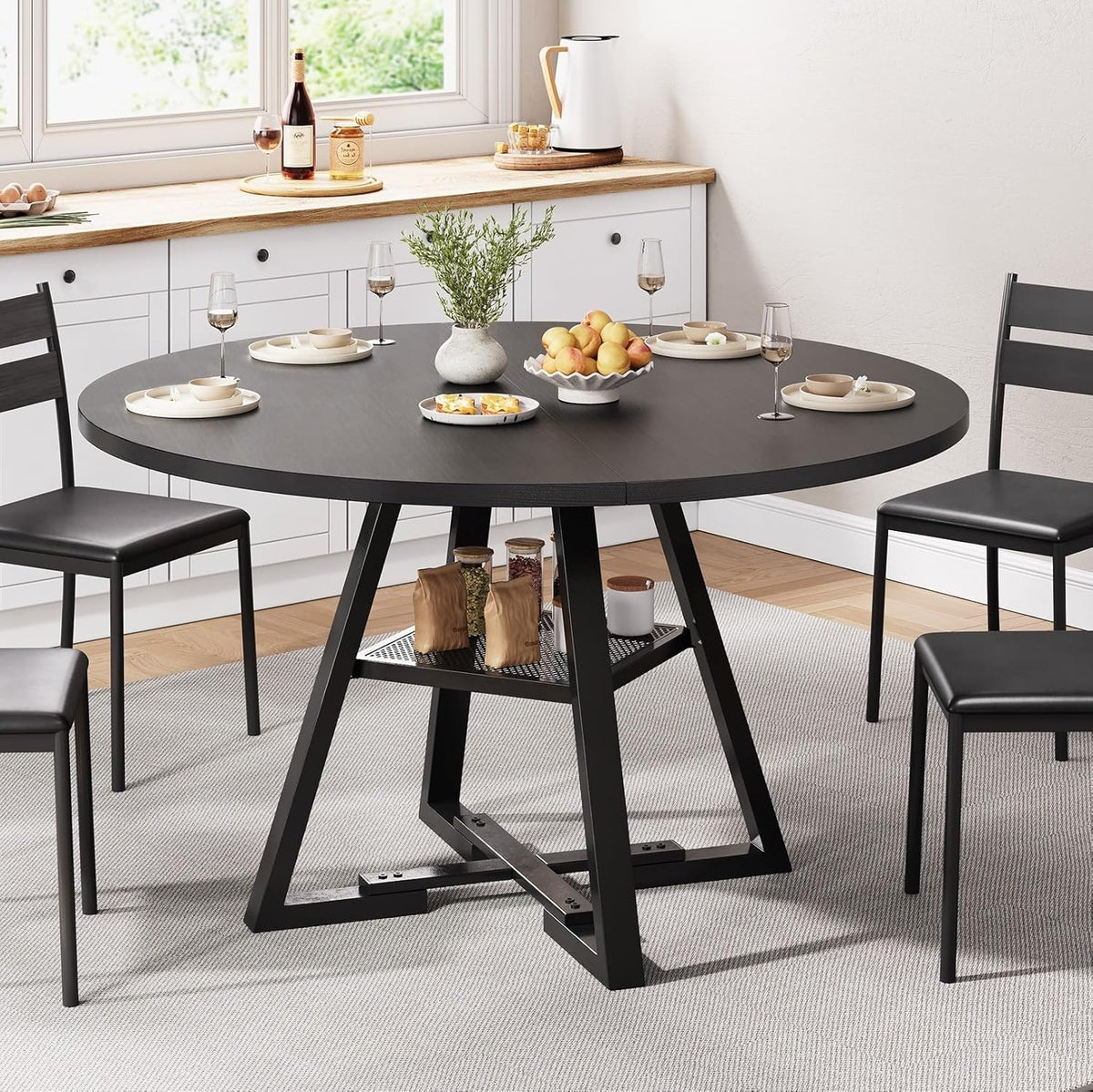 Ronde eettafel voor 2-4 personen, cirkel eettafel met planken, ruimtebesparend houten keuken- en eetkamermeubilair (zwart, 42 inch