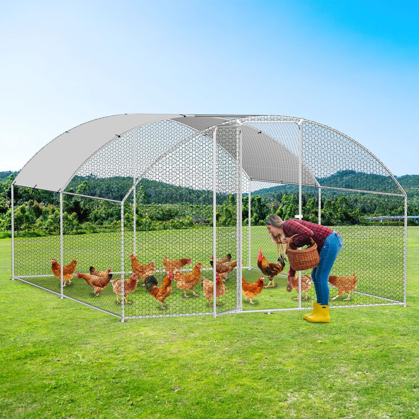 Chicken Coop 3 x 4 x 2 m, Metal Free Wheeling, Small Animal Cage, Aviary with Roof Tarpaulin, Pet Run for Chickens, Poultry, Small Animals, Bow Attachment - QUORE