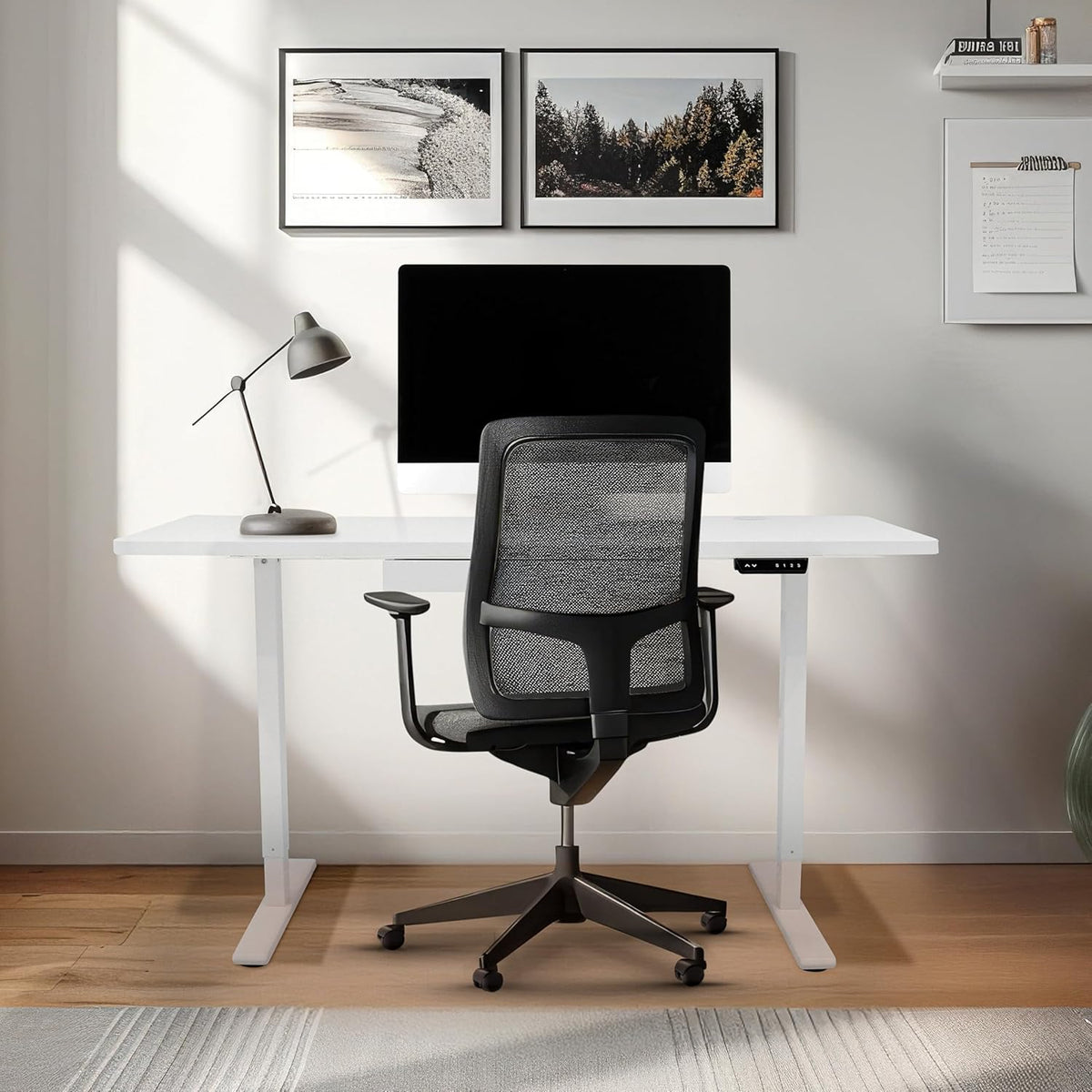 Electric Standing Desk 140 x 60cm White Height Adjustable Ergonomic Sit-to-Stand Computer Workstation Built-in Drawer USB A&C Charging Cable Pocket Hook Office Table Timer Smart Control Panel - QUORE