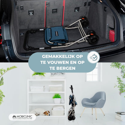 Mobiclinic®, Opvouwbare Rollator, Boodschappenkar met Zitting, Coliseum, Enkele Hendel, Staal, Grote Mand, Rugleuning en Vulling, Remsysteem, 360º Wielen
