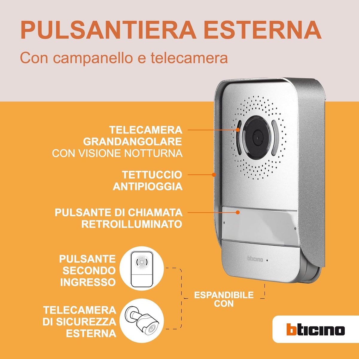 Bticino 318913 Easykit Plus video-intercom voor 1 gezinshuis, plug-in met 2 draden, 1 externe knop met bel en camera, 1 interne monitor 7 inch in kleur met handsfree, uitbreidbaar voor twee families