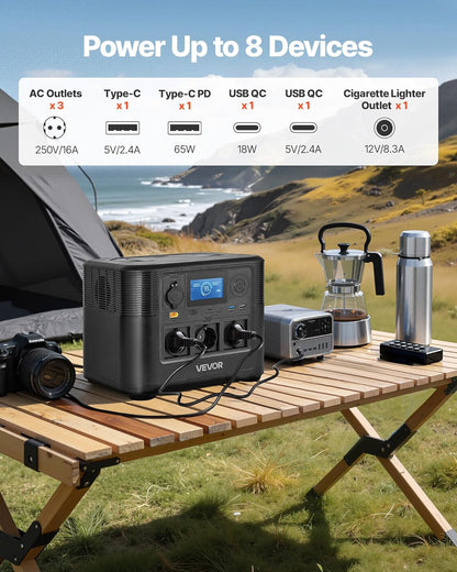 VEVOR LiFePO4 draagbaar powerstation, 1800 W, back-up accu, 1008 WH, met 8 uitgangen, voor thuis, camping, reizen in de camper, zonnepaneel niet inbegrepen