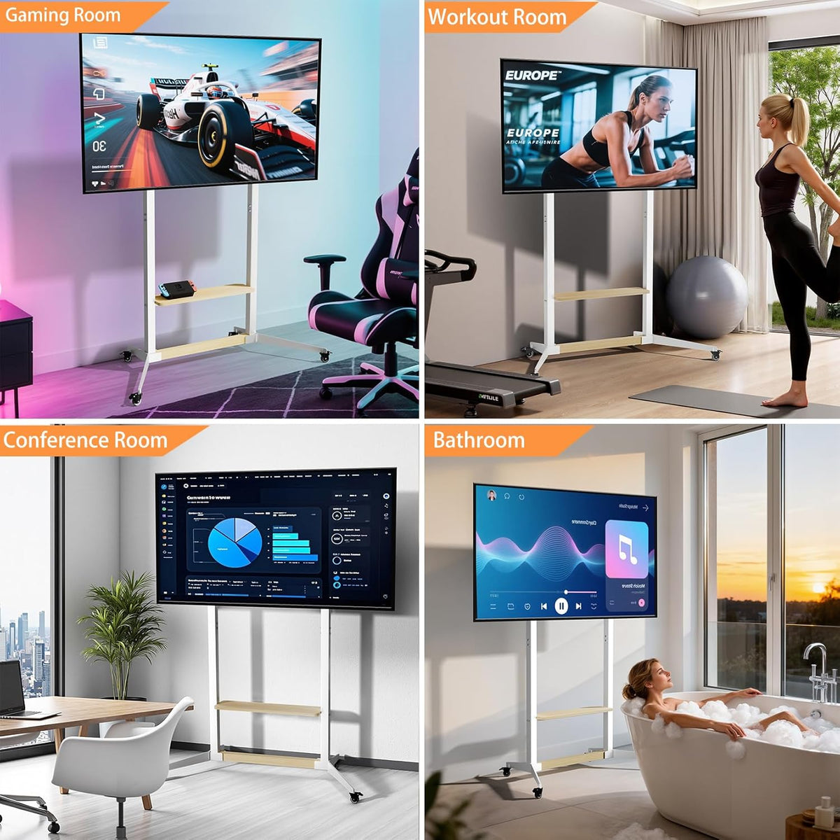 unho Mobiele tv-standaard met wielen voor tv's van 40-100 inch, witte tv-trolley, rollende tv-standaard met planken, verstelbare hoogte, heavy-duty MDF en stalen constructie, maximale belasting 100 kg
