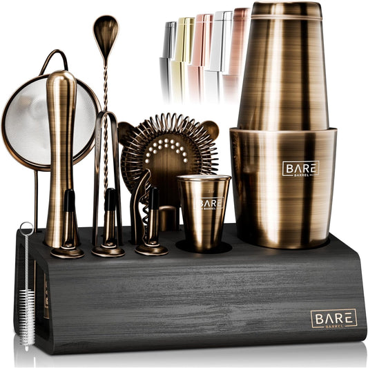 Cocktailset – Cocktail Shaker Set – Bartender Kit – Mixology Set – Barset – 14-Delige Set Met Bamboe Standaard – 800 Ml Boston Shaker In Messing/Zwart Met 35 Receptenkaarten