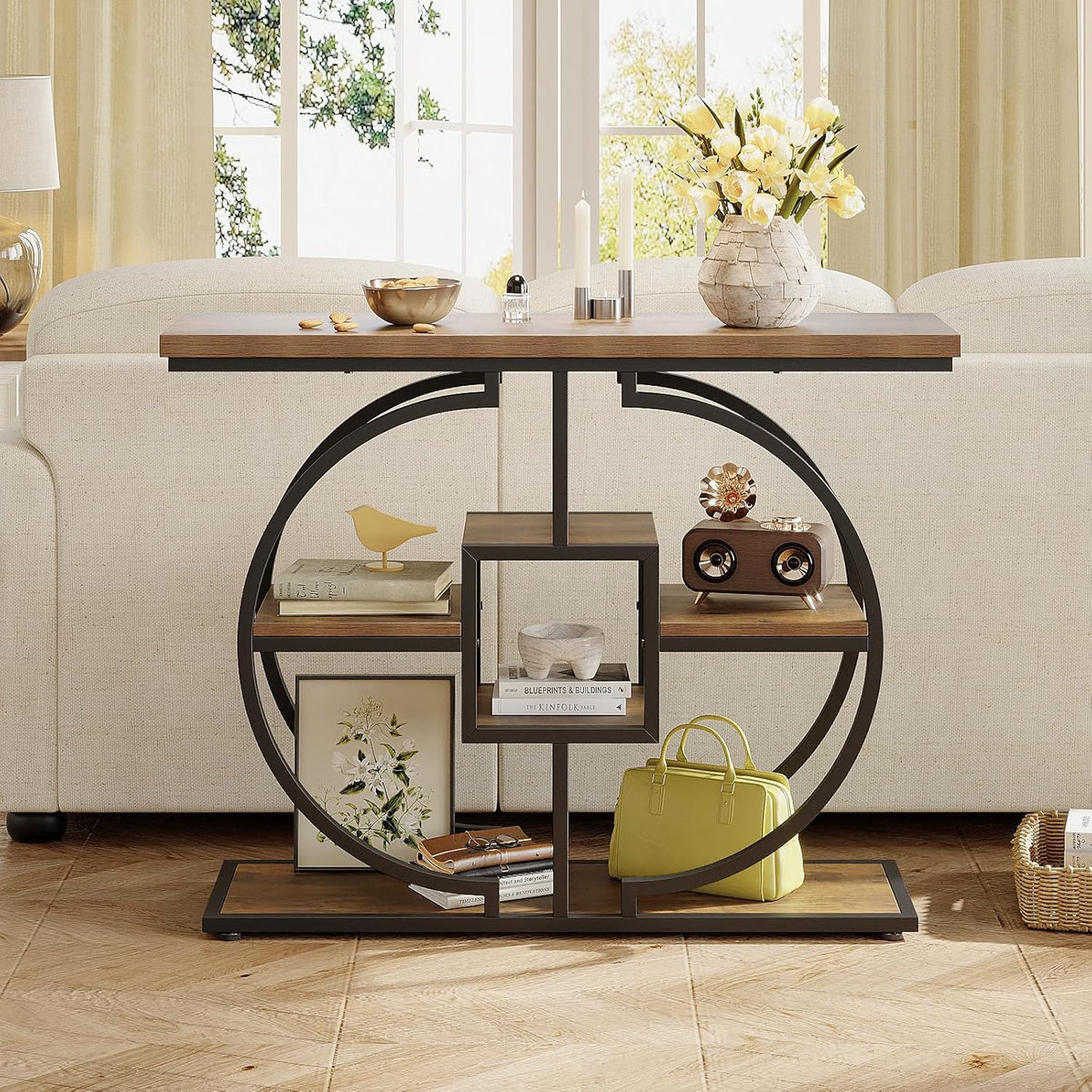 Trironsun Smalle consoletafel voor hal, 4 verdiepingen, rustieke salontafel met rond metalen frame, industriële entreetafel van hout met opbergvakken voor woonkamer en hal - QUORE