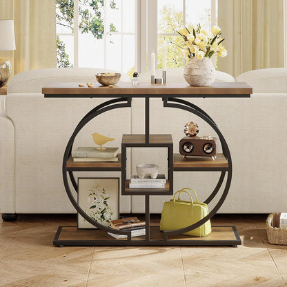Trironsun Smalle consoletafel voor hal, 4 verdiepingen, rustieke salontafel met rond metalen frame, industriële entreetafel van hout met opbergvakken voor woonkamer en hal - QUORE