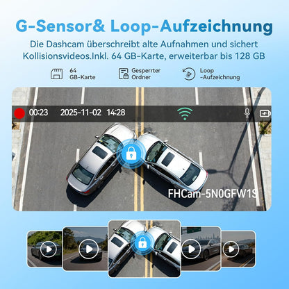 Dashcam Auto, 3 kanaalvoordeuren binnen 4K + 1080P + 1080P Dashcam, 490° Weitwinkel-Rundumbescherming, Auto Camera met 64 GB SD-kaart, 3,16 inch, nachtzicht, WDR, WiFi, G-sensor, loop-opname