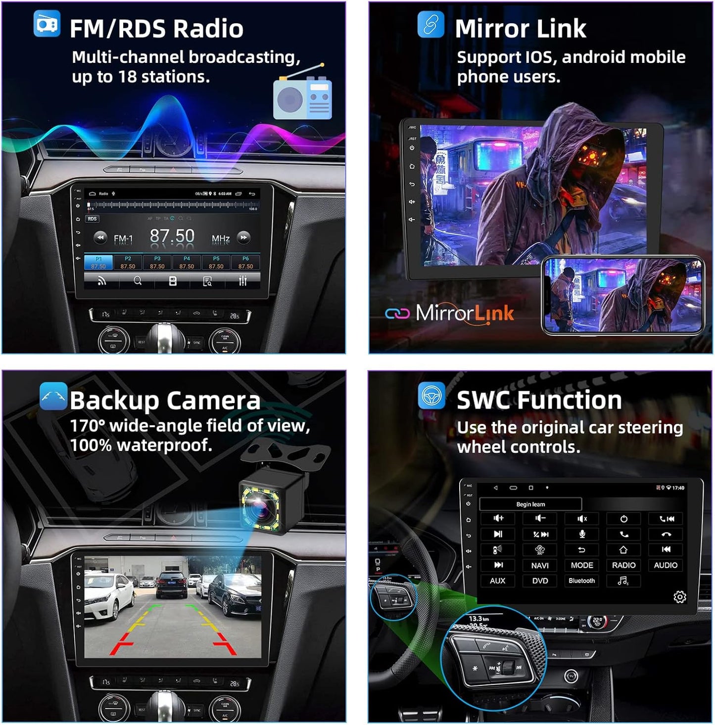 Podofo Android 2 Din autoradio met GPS-navigatie, Bluetooth, 24 bureaubladthema's, 9 inch autoradio met scherm met WiFi, FM/RDS, spiegellink, achteruitrijcamera (2+32G)