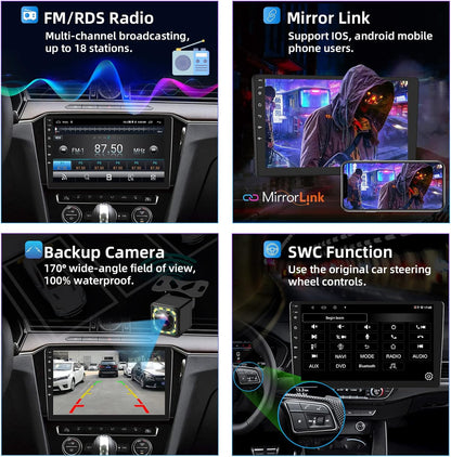 Podofo Android 2 Din autoradio met GPS-navigatie, Bluetooth, 24 bureaubladthema's, 9 inch autoradio met scherm met WiFi, FM/RDS, spiegellink, achteruitrijcamera (2+32G)
