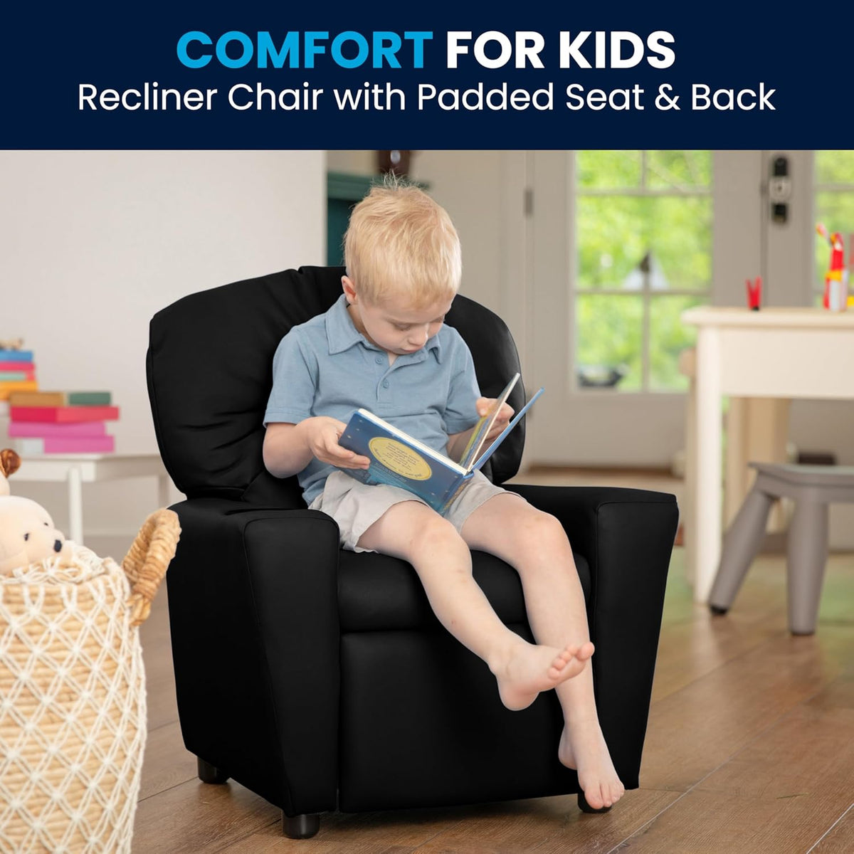 Flash Furniture Contemporary Kids Fauteuil met bekerhouder, leer, zwart ledersoft, set van 1