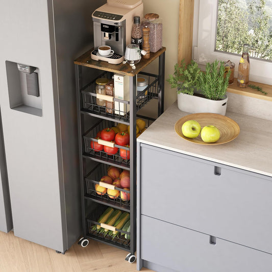 5-Tier - Groenterek - Keukenwagen - Stapelbare Fruitmand - Opbergwagen - met Wielen - voor Badkamer - Keuken - Kantoor - Gelegeerd Staal - 40 x 30 x 107 cm - Zwart - QUORE