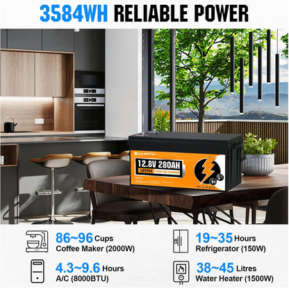 ECO-WORTHY LiFePO4 Bluetooth 12V 280Ah with 12/24V 20A Charger, Lithium Battery 12V 280Ah with 200A BMS Low-Temp Protection and Max 15000 Cycles for Motorhome, Caravan, Boat - QUORE