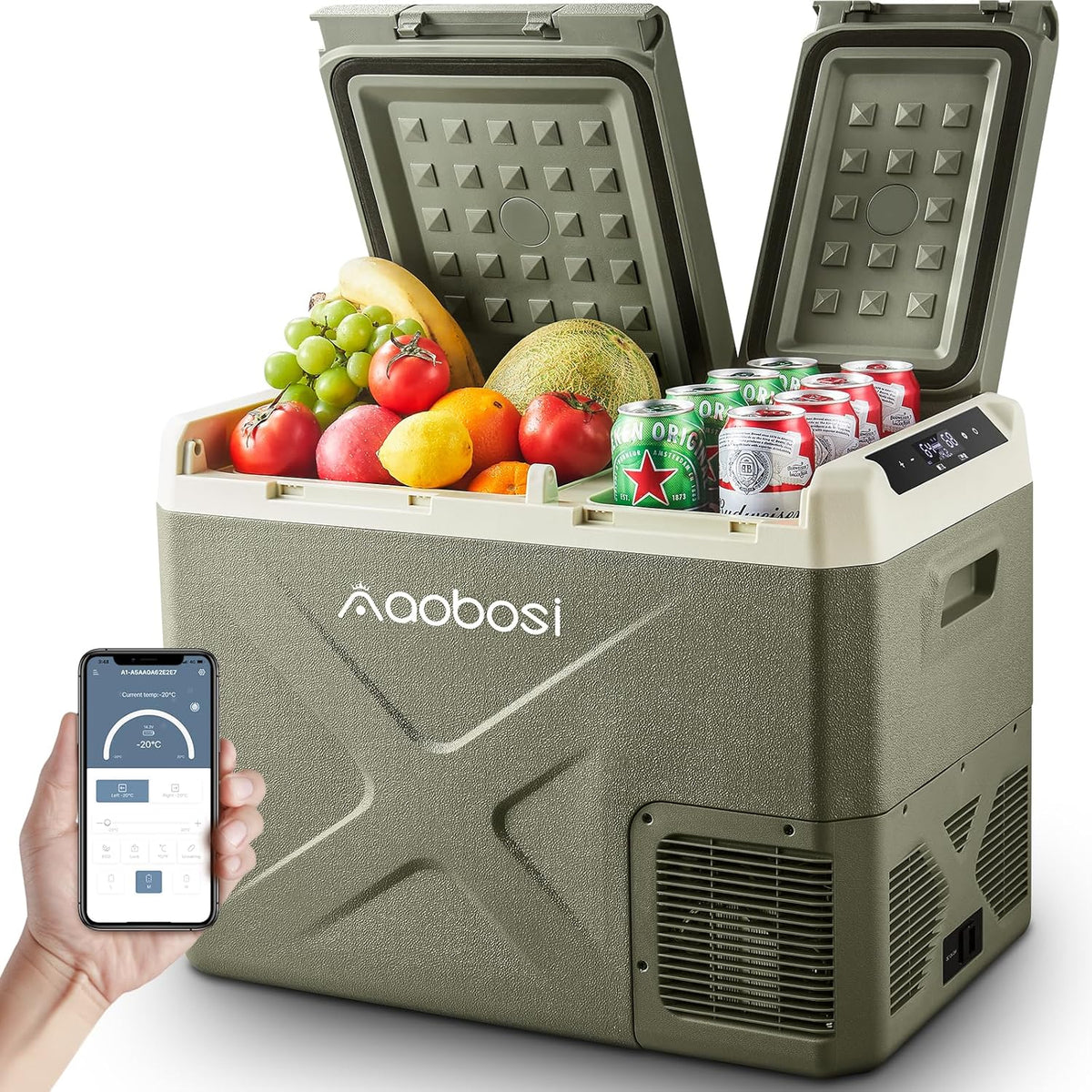 AAOBOSI XS Draagbare koelkast, autokoelkast, dubbele zones en dubbele deuren, voor auto, vrachtwagen, dubbele deuren en dubbele deuren