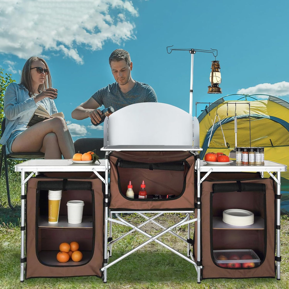 VEVOR Snelle installatie voor picknick, BBQ, RV reizen, ontworpen hout aluminium, bruin, 3 kasten