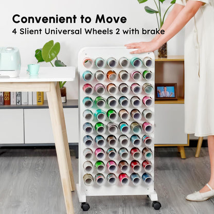 Mobiele vinyl rolhouder, 60 compartimenten vinyl opbergorganizer met vergrendelende zwenkwielen, houten vinyl rol opbergkar rek ambachtelijke opslag cadeauverpakking organizer voor thuis