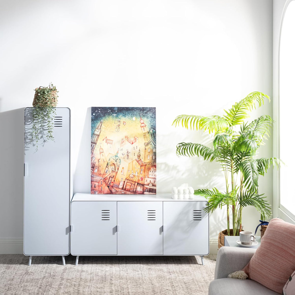 MEUBLE COSY Hoge kast voor woonkamer, kast, commode, slaapkamer, kantoorkast met deuren en planken, industrieel, metaal, wit, 40 x 40 x 137 cm