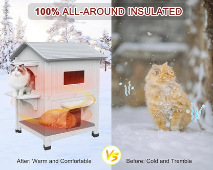 2-verdieping kattenhuis voor buiten met geïsoleerde voering, buitenhuizen voor katten kunststof buiten kattenonderkomen weerbestendig met vluchtdeur