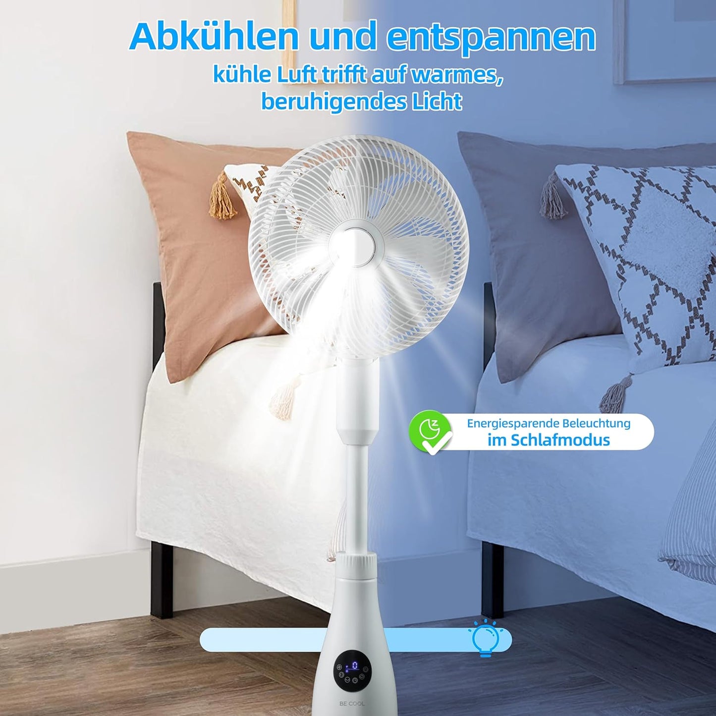 BE COOL BCPSN2L01 Premium staande sproeiventilator met afstandsbediening, 80 W, waterreservoir van 2 liter, 1500 m³/u, oscillatie en timer, stille werking met sfeerverlichting, wit