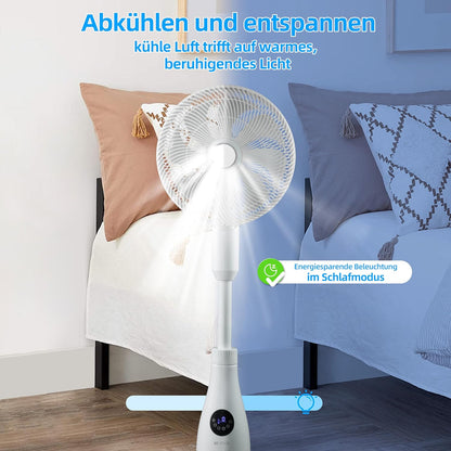 BE COOL BCPSN2L01 Premium staande sproeiventilator met afstandsbediening, 80 W, waterreservoir van 2 liter, 1500 m³/u, oscillatie en timer, stille werking met sfeerverlichting, wit
