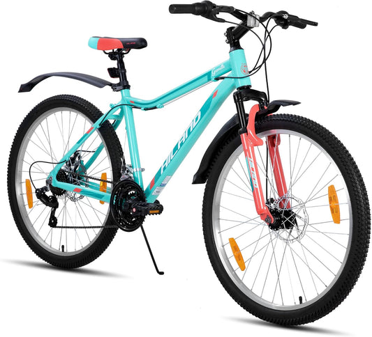 Hiland Mountainbike voor dames, 26 inch, aluminium frame, 18 versnellingen, MTB voor vrouwen, dames en meisjes, mountainbike met dubbele schijfrem, verende vork, mintgroen