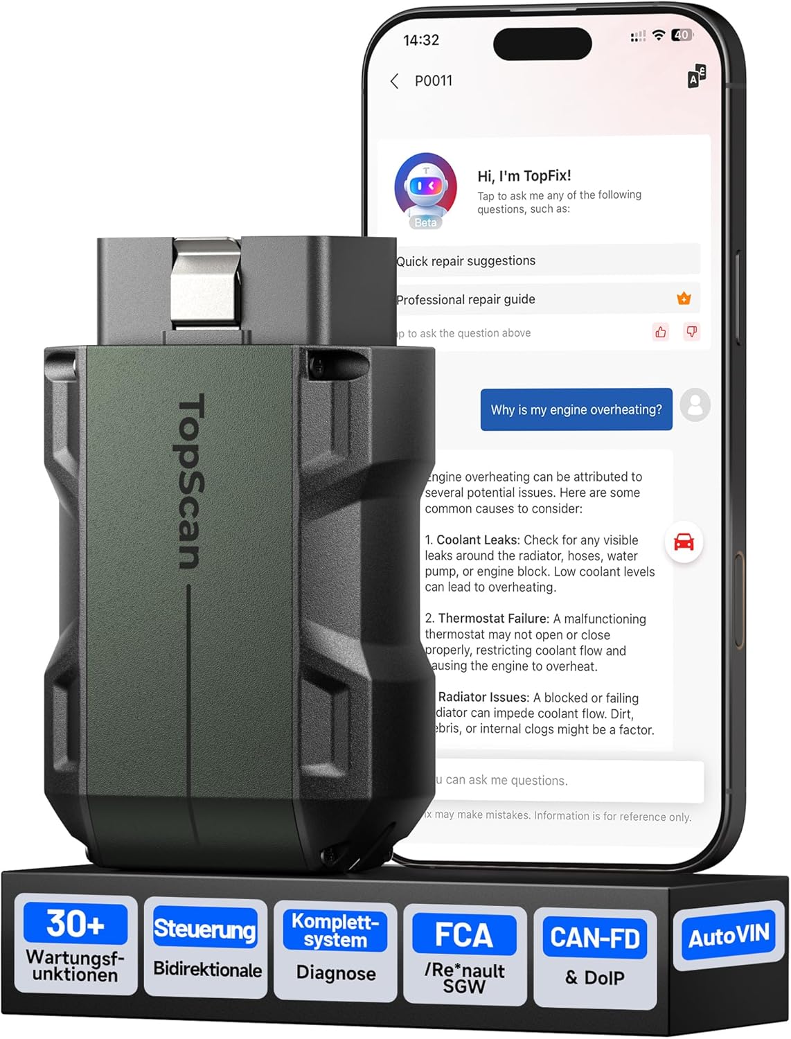 TOPDON TopScan Master OBD2 Scanner Bluetooth, draadloos bidirectioneel auto-diagnostisch hulpmiddel voor iOS en Android, volledige systeemscan voor meer dan 120 merken, meer dan 30 resetfuncties