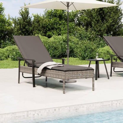 Sun Lounger with Poly Rattan Cushion with Grey Cushion, Outdoor Sun Lounger, Sun Lounger, Garden Bed, Outdoor, Beach Chair - QUORE
