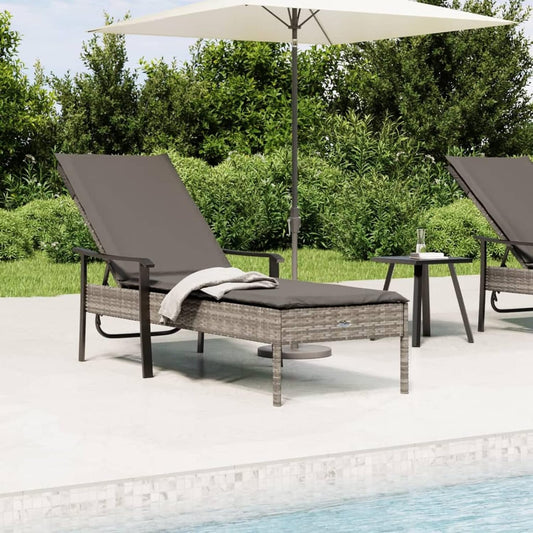 Sun Lounger with Poly Rattan Cushion with Grey Cushion, Outdoor Sun Lounger, Sun Lounger, Garden Bed, Outdoor, Beach Chair - QUORE