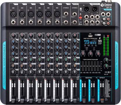 Audiomixer, 10-kanaals professionele stereomixer, 99 DSP Reverb, 7-bands equalizer, USB, 48V fantoomvoeding, One-Click Mute voor DJ, opname, podium (10-kanaals)