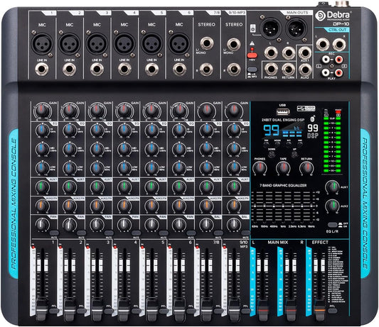 Audiomixer, 10-kanaals professionele stereomixer, 99 DSP Reverb, 7-bands equalizer, USB, 48V fantoomvoeding, One-Click Mute voor DJ, opname, podium (10-kanaals)