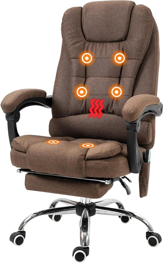 Vinsetto Heated Massage Chair, Ergonomic Office Chair, Adjustable Backrest, Height Adjustable, Lumbar Cushion and Footrest, Brown - QUORE