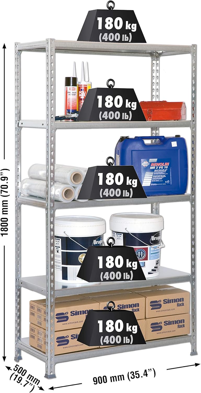 Simon Rack Stellingkast Metaal, 1800x900x500 mm, Buigpunt 180, 5 Verstelbare Niveaus, Metalen Planken, Robuust Opslagrek voor Garage, Kelder en Werkplaats, Gegalvaniseerd – SimonClick