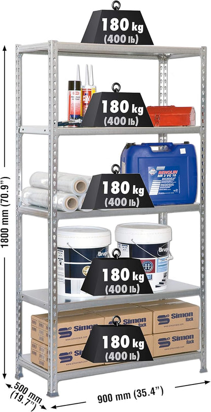 Simon Rack Stellingkast Metaal, 1800x900x500 mm, Buigpunt 180, 5 Verstelbare Niveaus, Metalen Planken, Robuust Opslagrek voor Garage, Kelder en Werkplaats, Gegalvaniseerd – SimonClick