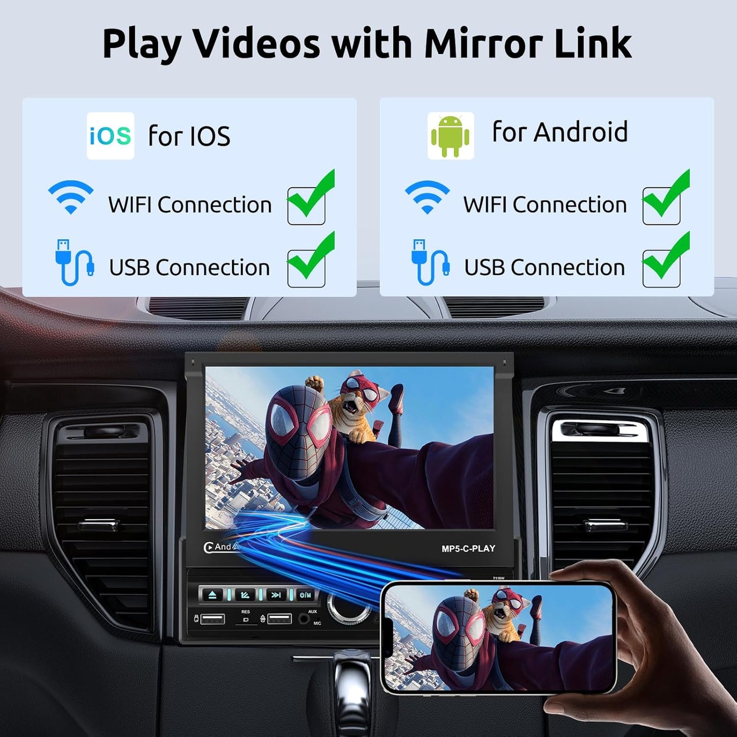 Autoradio 1 Din met draadloze Carplay Android Auto, 7 inch IPS HD elektrisch intrekbaar touchscreen autoradio, Bluetooth Link spiegelen FM 2USB/AUX stuurwielbediening achteruitrijcamera