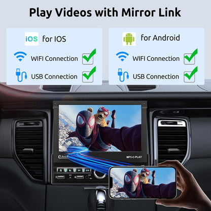Autoradio 1 Din met draadloze Carplay Android Auto, 7 inch IPS HD elektrisch intrekbaar touchscreen autoradio, Bluetooth Link spiegelen FM 2USB/AUX stuurwielbediening achteruitrijcamera